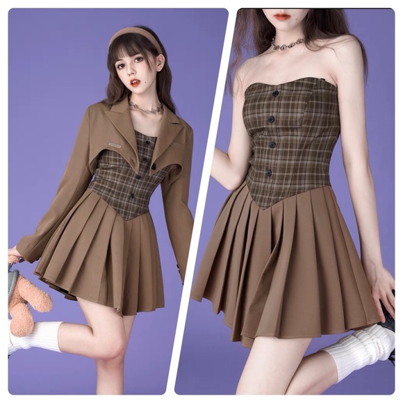 sagidolls brown plaid dress and cropped blazer size m - Picture 1 of 8